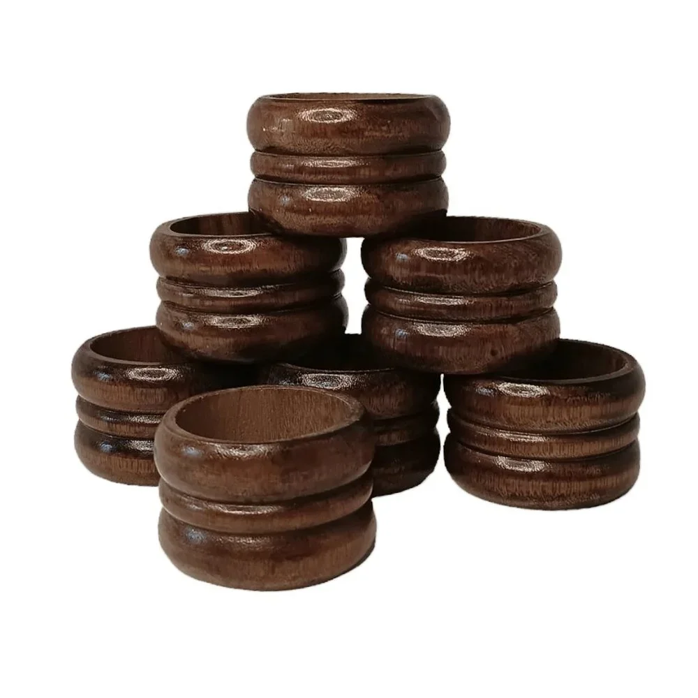 Wood Napkin Rings Brown Set Of Seven Carved Ribbed Boho Style